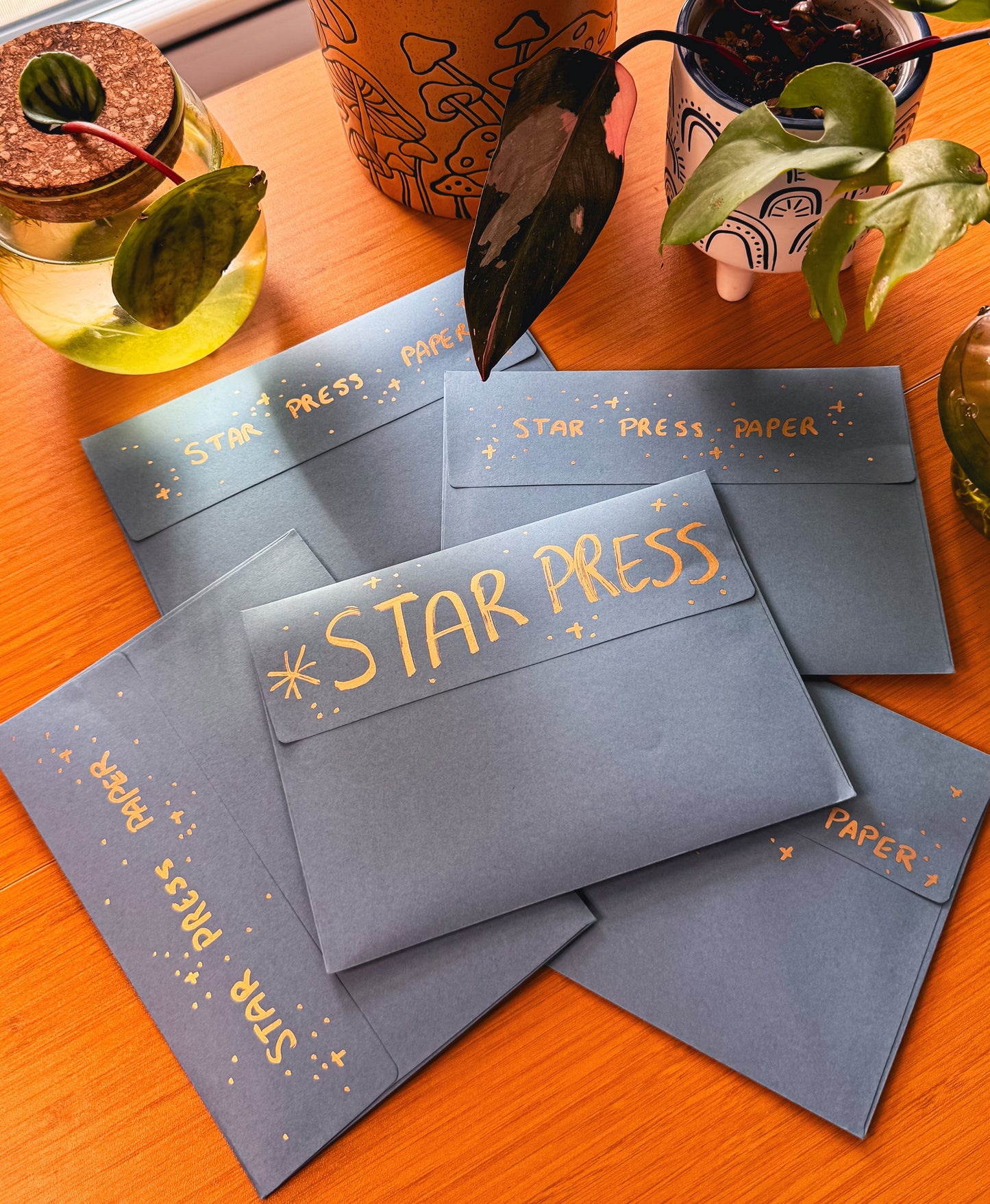 Blue envelopes with 'Star Press' branding on a wooden surface with plants in the background.